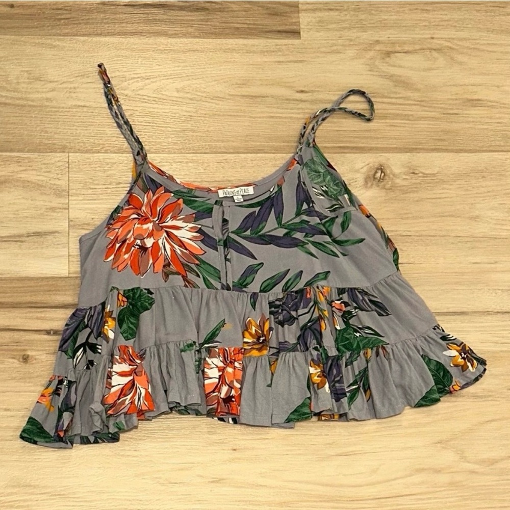 Patrons of Peace Gray Floral Ruffle Camisole Top